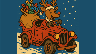 A reindeer in a santa hat driving a red jalopy full of presents