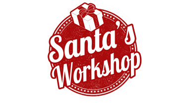 Red graphic with white text saying, "Santa's Workshop."